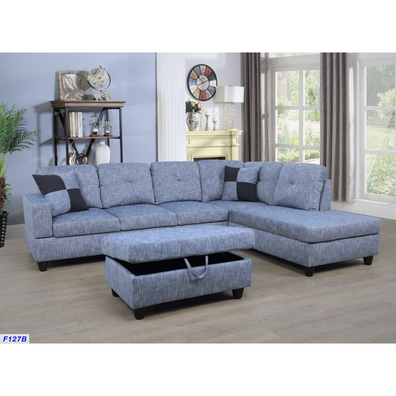 Jessica 103.5" Wide Sectional Sofa & Chaise with Ottoman, Gray White Linen Blend, Right Hand Facing
