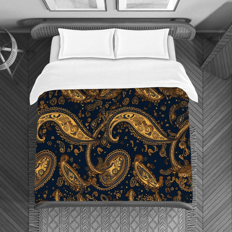 Machine Printed Duvet Cover, Twin Duvet Cover, Gold/Navy Paisley