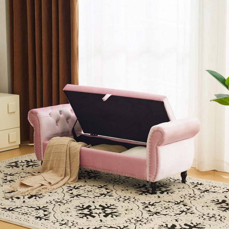 Banc de rangement en velours avec accoudoirs, Rose