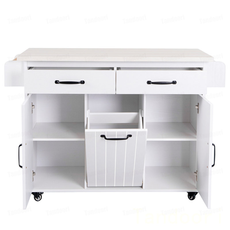 Îlot de cuisine avec armoire de rangement pour poubelle, chariot de cuisine avec abattant, support à épices, porte-serviettes et tiroir, îlot de cuisine sur roulettes avec tablette réglable,