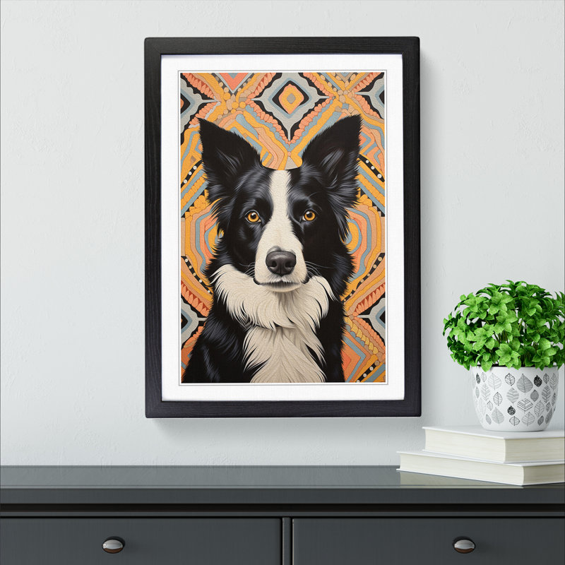 Border Collie Art Deco No.2 - Framed Print, 46cm H x 34cm W x 2cm D, Black Framed