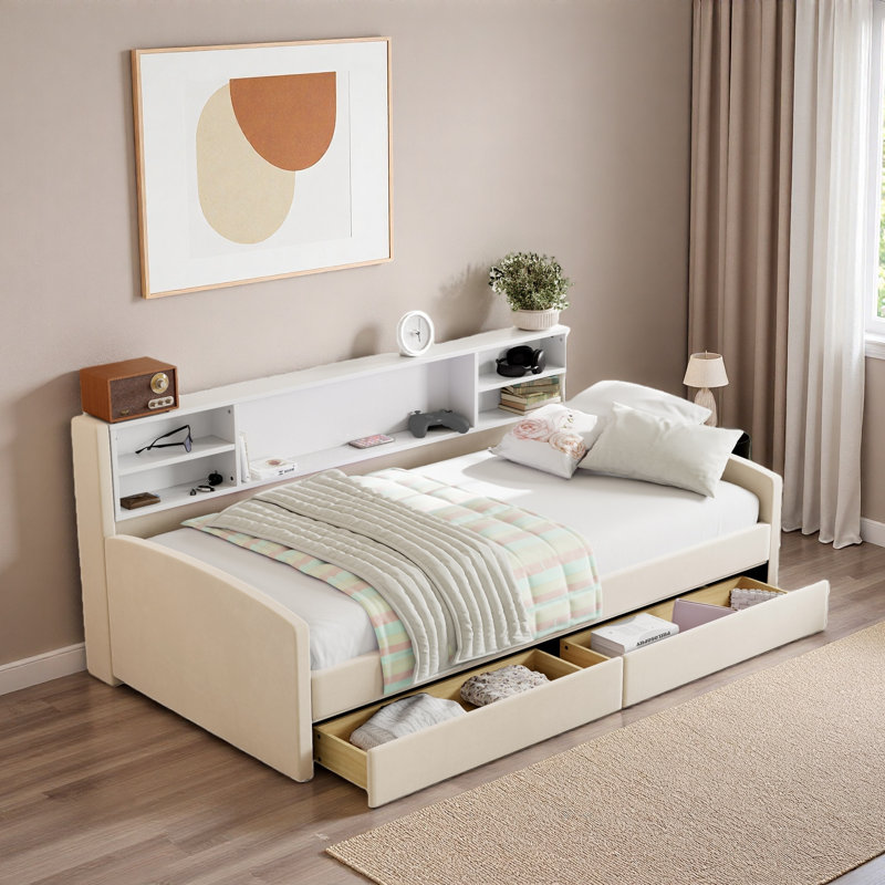 Lit de jour rembourré avec tablettes de rangement et 2 tiroirs, Beige