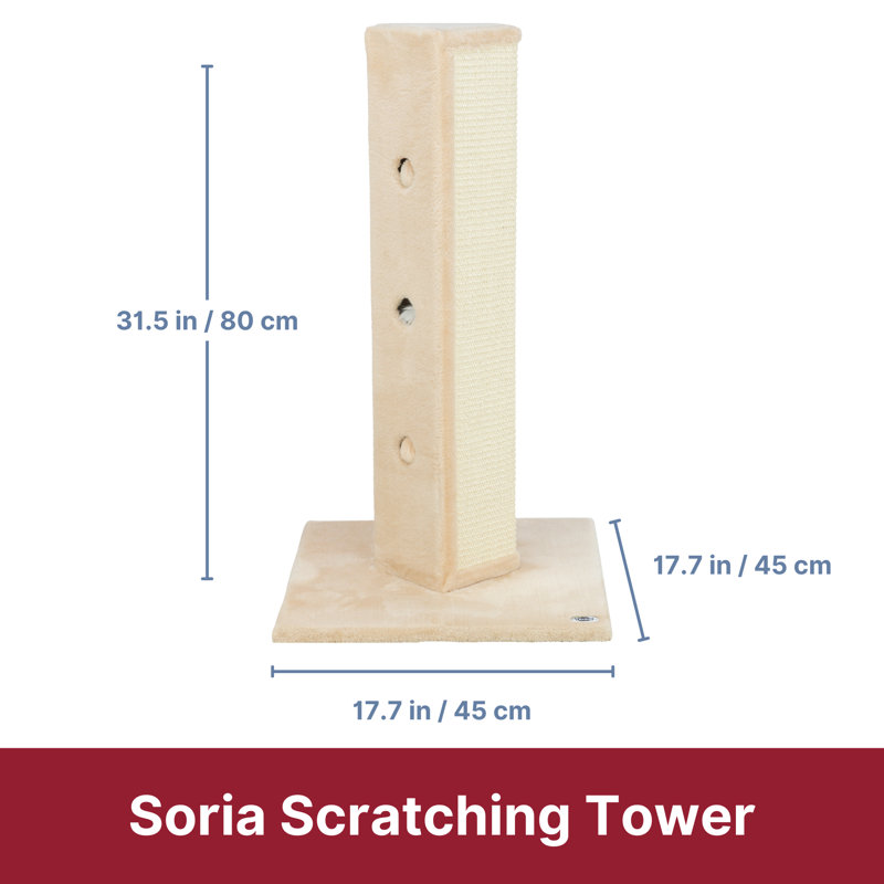 TRIXIE Soria 31.5" Cat Scratching Post, Sisal Cat Scratcher, Square Post with Peak-a-Boo Cat Toys for Hunting, Beige