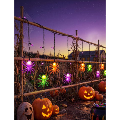 Guirlande lumineuse d'araignées, 2,13 m, décorations d'Halloween avec 10 araignées colorées et 25 mini lumières violettes, idéale pour décorer votre maison, votre porche, votre extérieur ou votre maison. Parfait pour les fêtes d'Halloween, les fenêtres et les fêtes à l'intérieur et à l'extérieur.