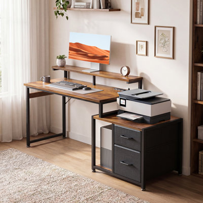 Mateo 56" Reversible Computer Desk with Printer Storage, Power Outlet, 2 Fabric Drawers and PC Stand,Rustic Brown