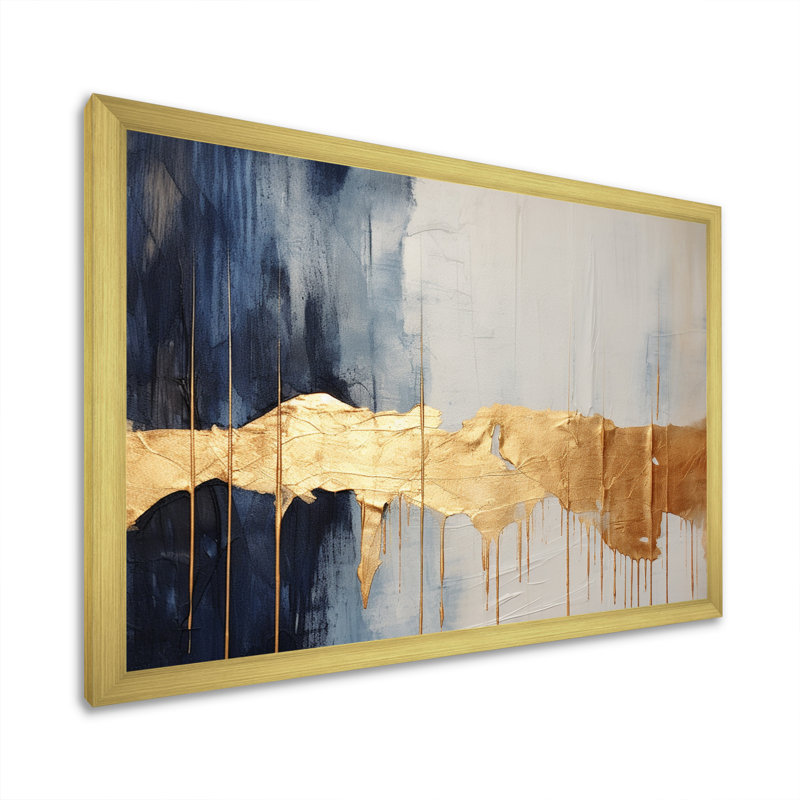 Waves Of Joy Minimal Nova - bleu et or I - peinture abstraite, art mural, H 30 po x l 40 po x P 1,5 po, Encadrement doré