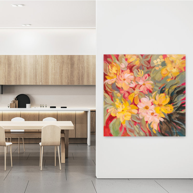Floral contemporain magenta et sauge avec art noir et bleu, H 48 po x l 48 po