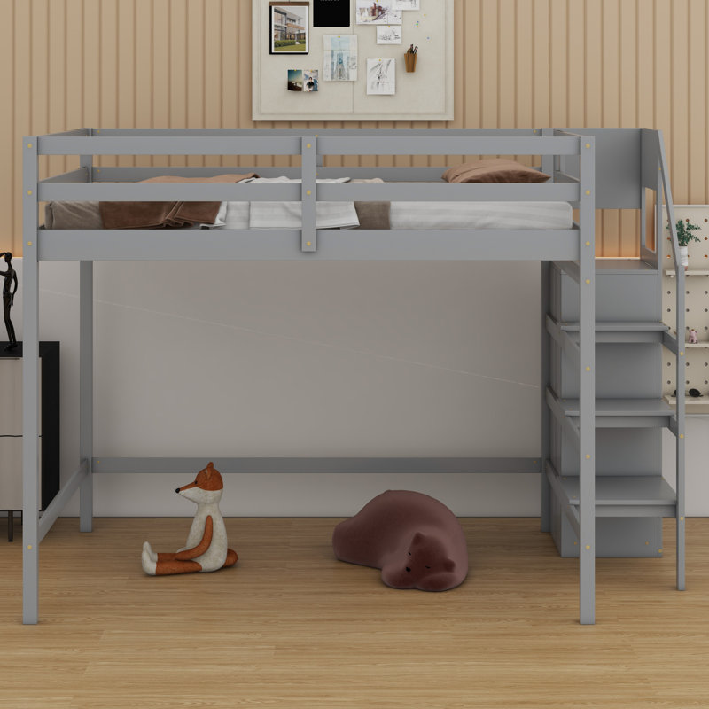 Loft Bed With Built-In Storage Wardrobe And Staircase, Gray