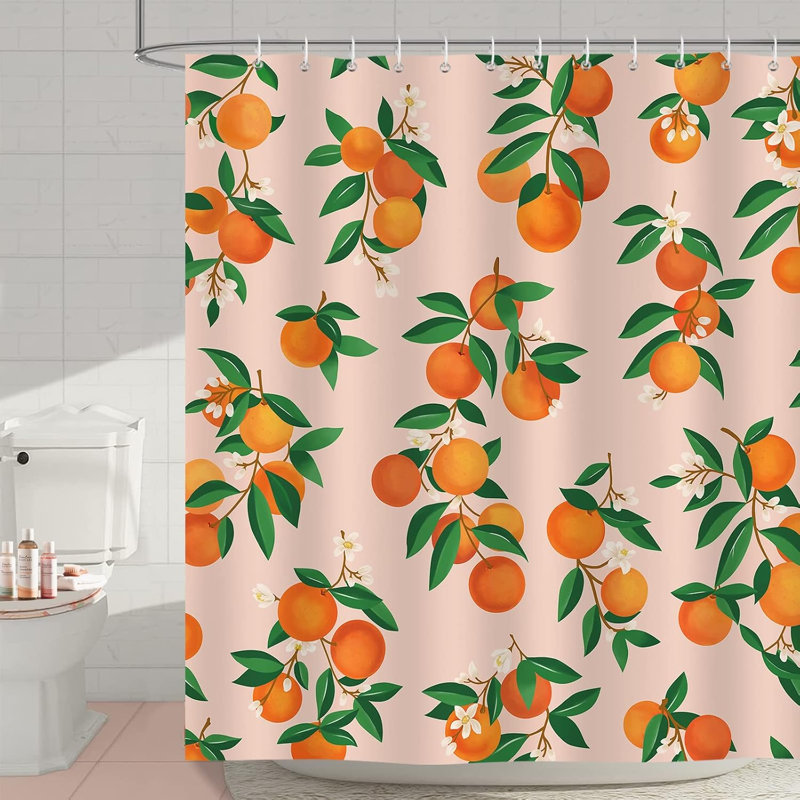 180×180cm Orange Citrus Fruit Shower Curtain, Waterproof Anti-Mildew Polyester Curtain with 12 Hooks, Orange Floral
