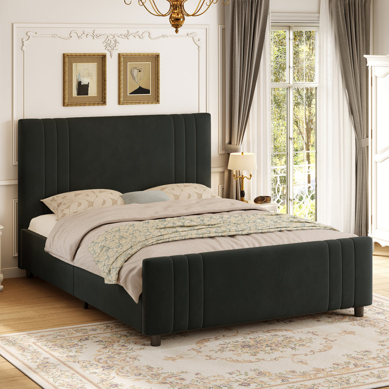 Modern Velvet Upholstered Platform Bed, Kingsize (5'), Black