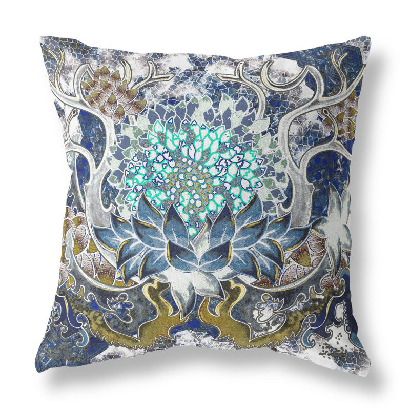 Zippered Suede Geometric Throw Pillow, Blue/White/Green Floral, 16"H x 16"W