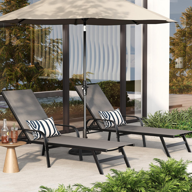 2-Piece Outdoor Lounge Chair, Adjustable 5-Position Patio Reclining Chaise, Textilene Fabric Pool Lounge Chair for Garden, Poolside & Balcony