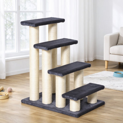 4-Step Dog Steps for Bed, Pet Stairs Ladder with Scratch Post for Dogs & Cats, Grey