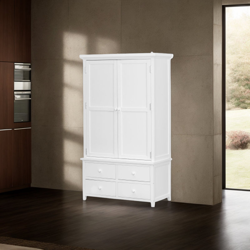 Grande armoire de rangement autoportante en bois avec 8 portes, 3 tablettes réglables, 7 tiroirs et 8 supports à vin, Blanc