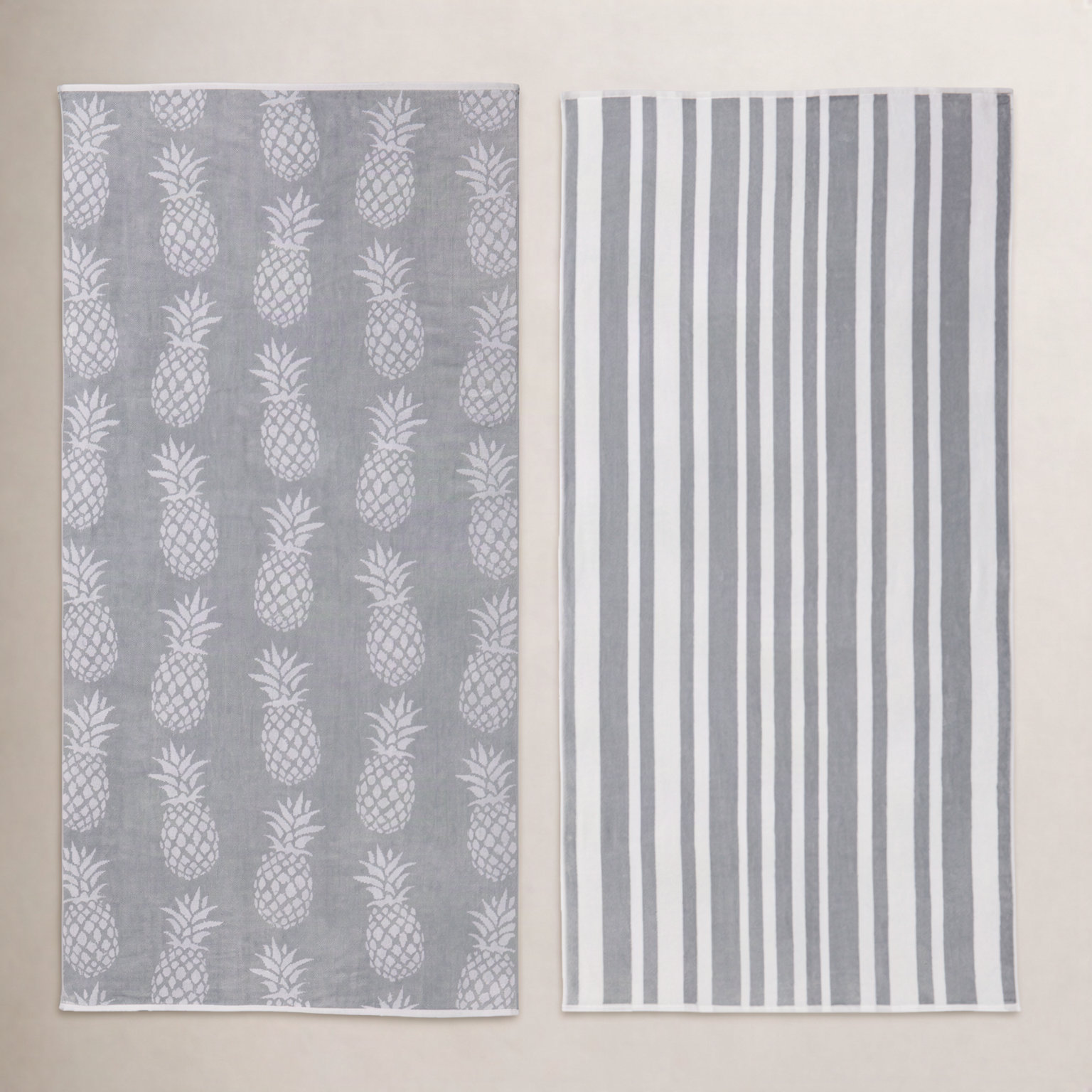 2-Piece Jacquard Cotton Beach Towel Set, Grey/White Pineapple & Stripe