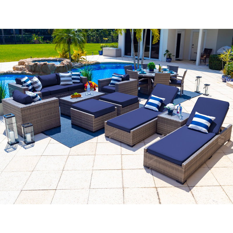 Ensemble de patio complet en rotin 16 pièces avec coussins Yussuf, Marine