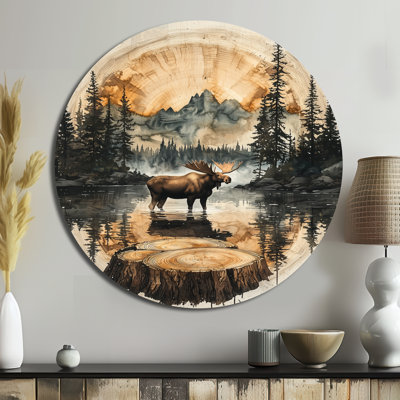 «Canadian Moose Into The Forest I», art mural rond en métal, impression d'art moderne brun