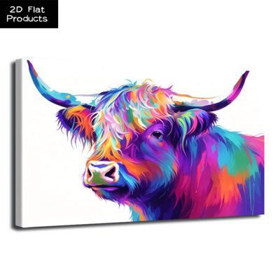 Vivid Highland Cow with Multicolored Fur Canvas Wall Art Print - Gallery Wrap Canvas with Solid Wood Inner Frame, Ready to Hang