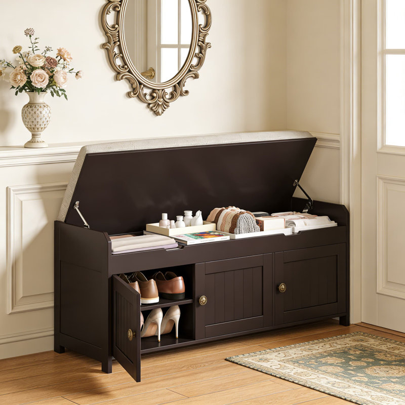 Banc de rangement à plateau relevable avec siège rembourré - Armoire à chaussures et banc d'entrée avec compartiments cachés pour l'organisation d'une chambre ou d'un couloir