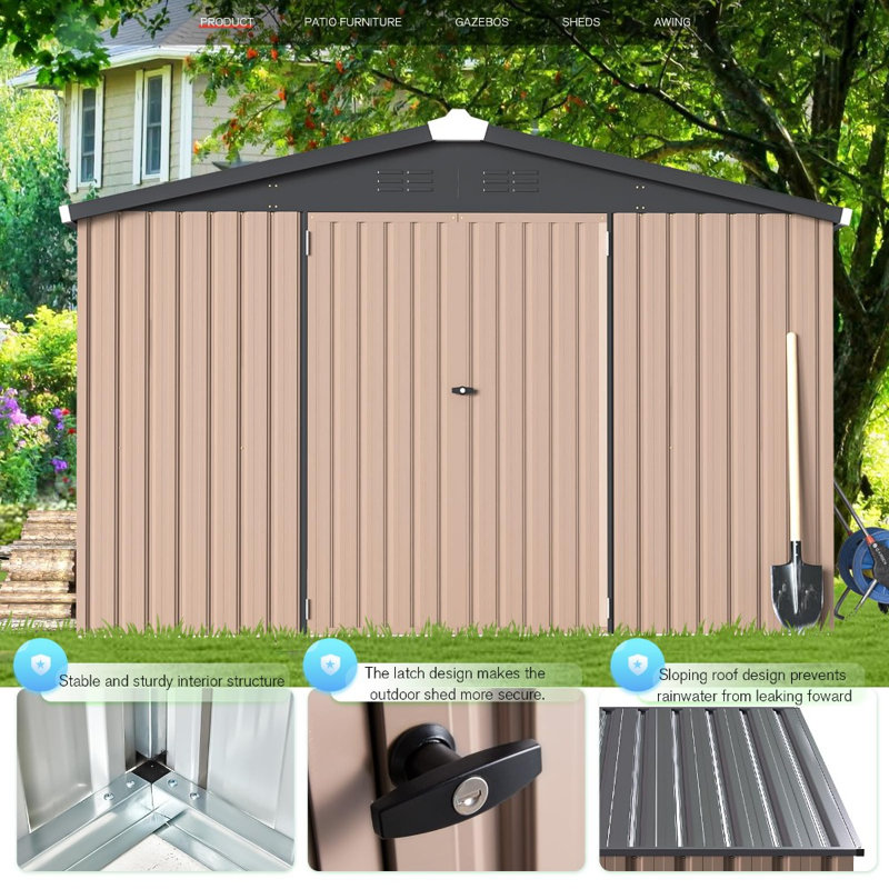 10' X 14' Large Metal Outside Storage Garden Sheds, Brown
