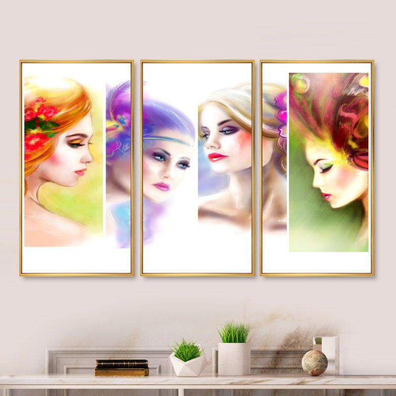 «Colorful Women Face Collage», ensemble de 3 toiles encadrées, H 28 po x l 36 po x P 1 po, Or