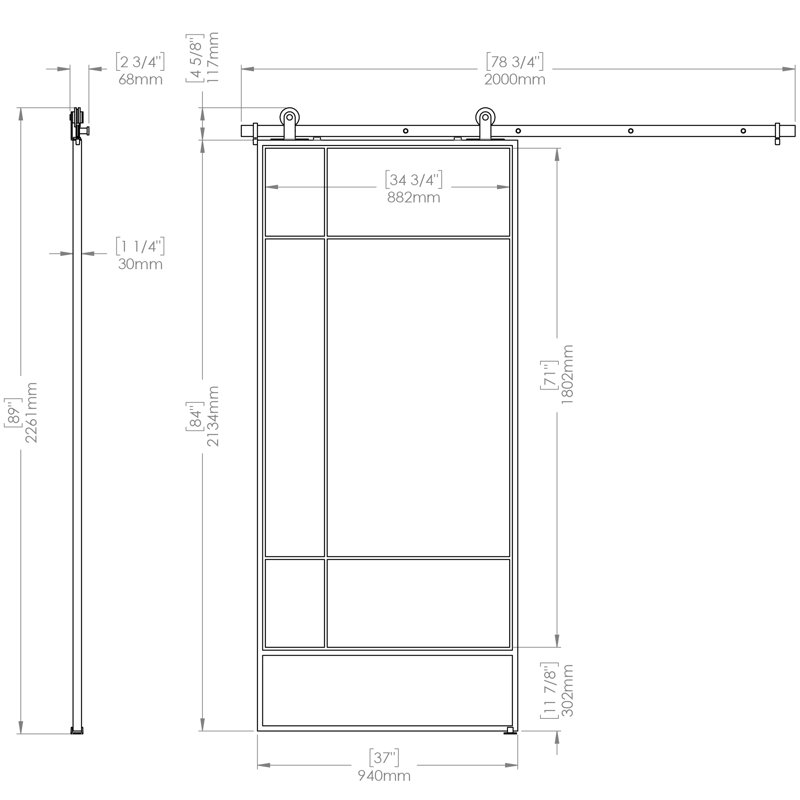 Bastille 37'' x 84'' Clear Glass Black Metal Sliding Barn Door