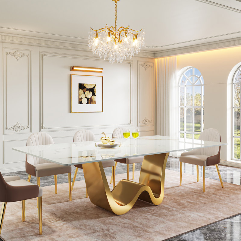 Behesh 78.74" W Rectangular Stainless Steel and Sintered Stone Dining Table