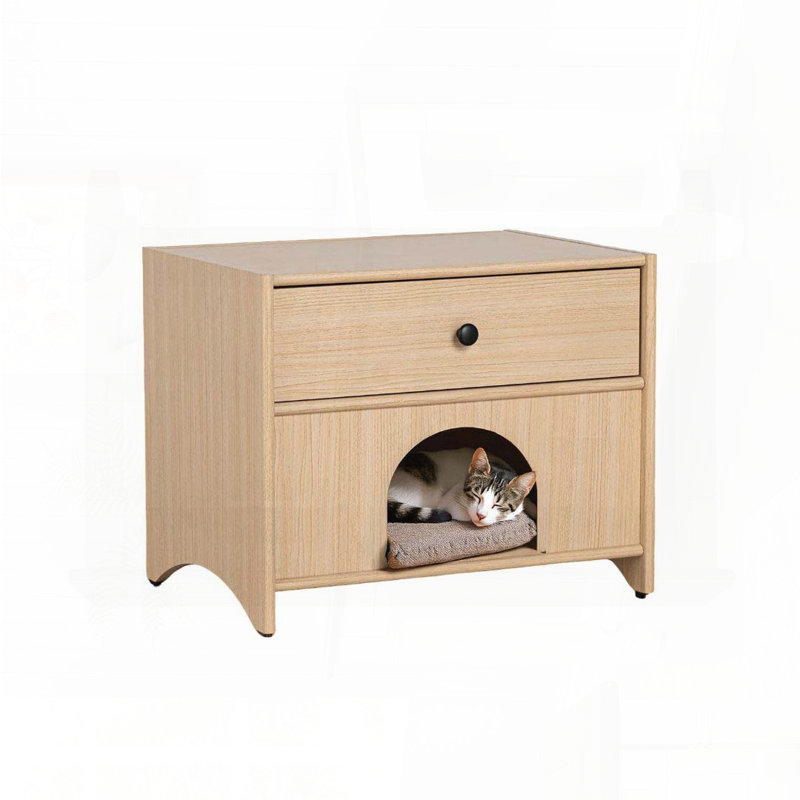 Table d'appoint Mid-Century avec coin pour animaux et tiroir - finition naturelle