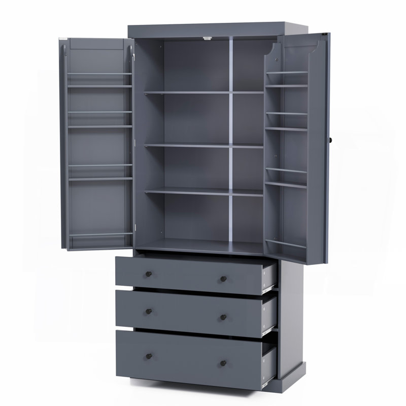 Accent Sideboard, Farmhouse Kitchen Pantry, Freestanding Tall Cupboard Storage Cabinet With 3 Adjustable Shelves, Gray