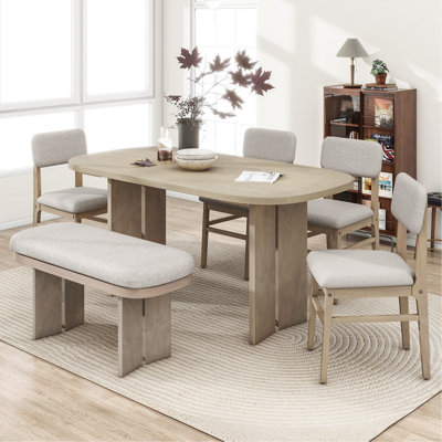 Ensemble de table de salle à manger en bois massif avec banc - Ensemble de table de salle à manger rembourré 6 pièces avec banc, mobilier de cuisine de ferme moderne bicolore pour les réunions de famille, naturel