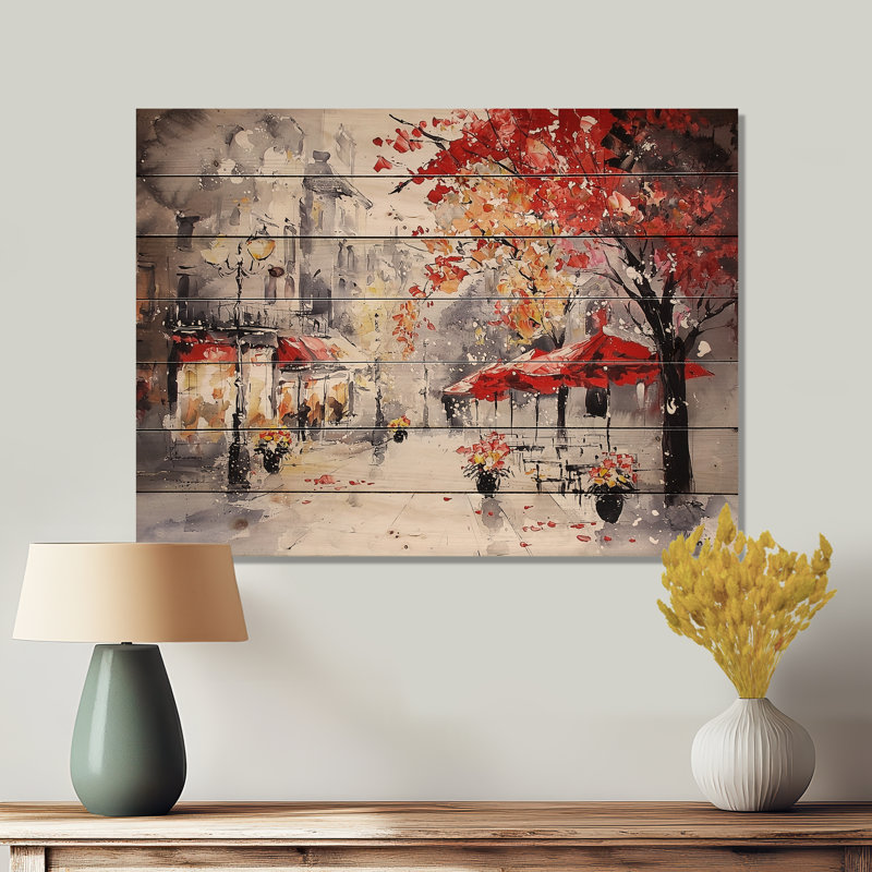 Minimal Paris Street In Autumn - Traditional Wood Wall Decor On Natural Pine Wood, 10" H x 20" W