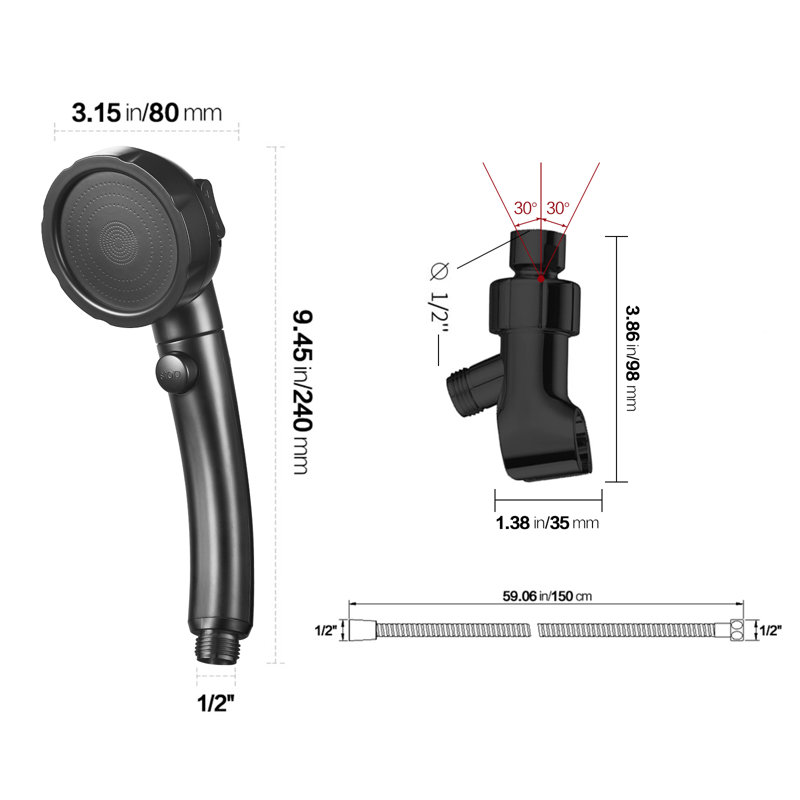 Matte Black 3-Mode Handheld Shower Head With Pause Switch And Adjustable Bracket, Black