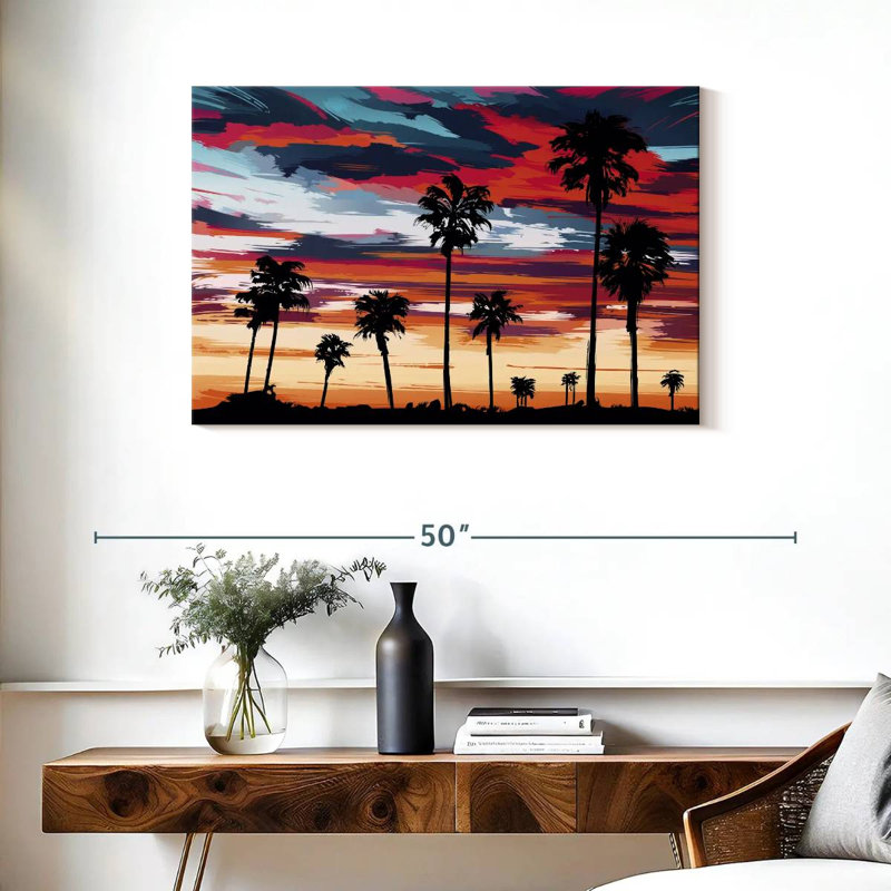 Silhouette de palmiers au coucher du soleil, H 24 po x l 36 po
