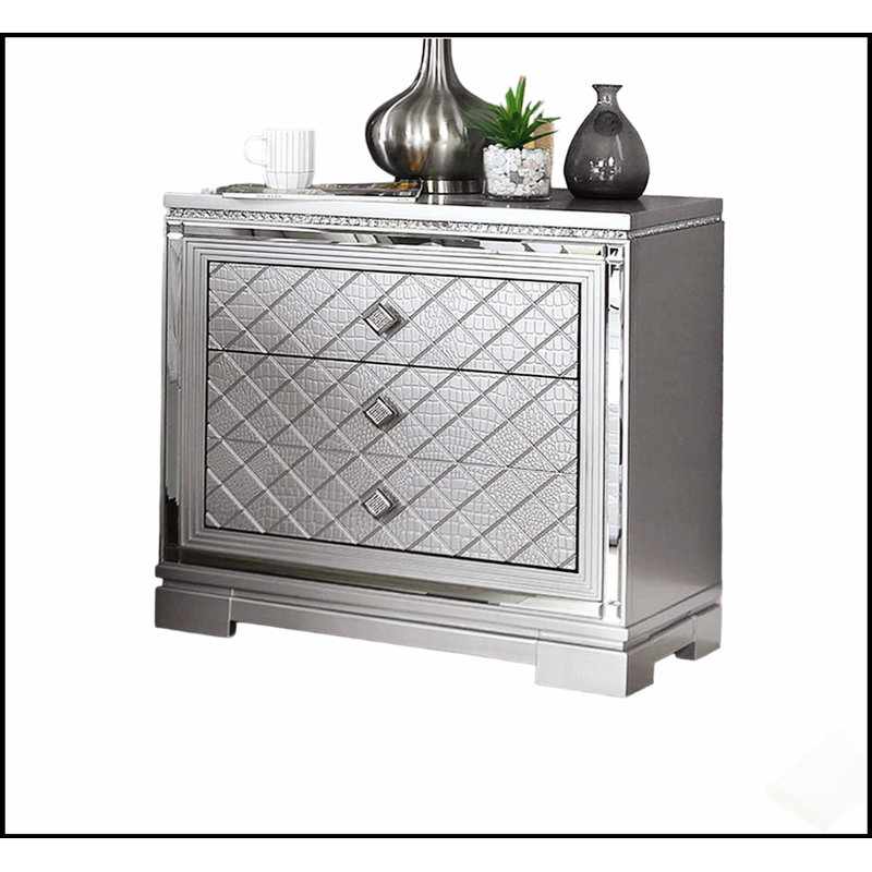 Table de chevet moderne avec tiroir à bijoux caché, chargement USB et poignée carrée chromée pour un rangement élégant dans la chambre à coucher