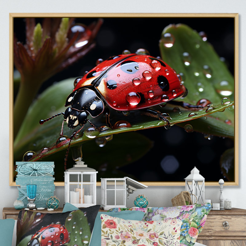 «Rainy Ladybugs Lullaby I», reproduction sur toile, H 30 po x l 40 po x P 1,5 po, Cadre naturel flottant