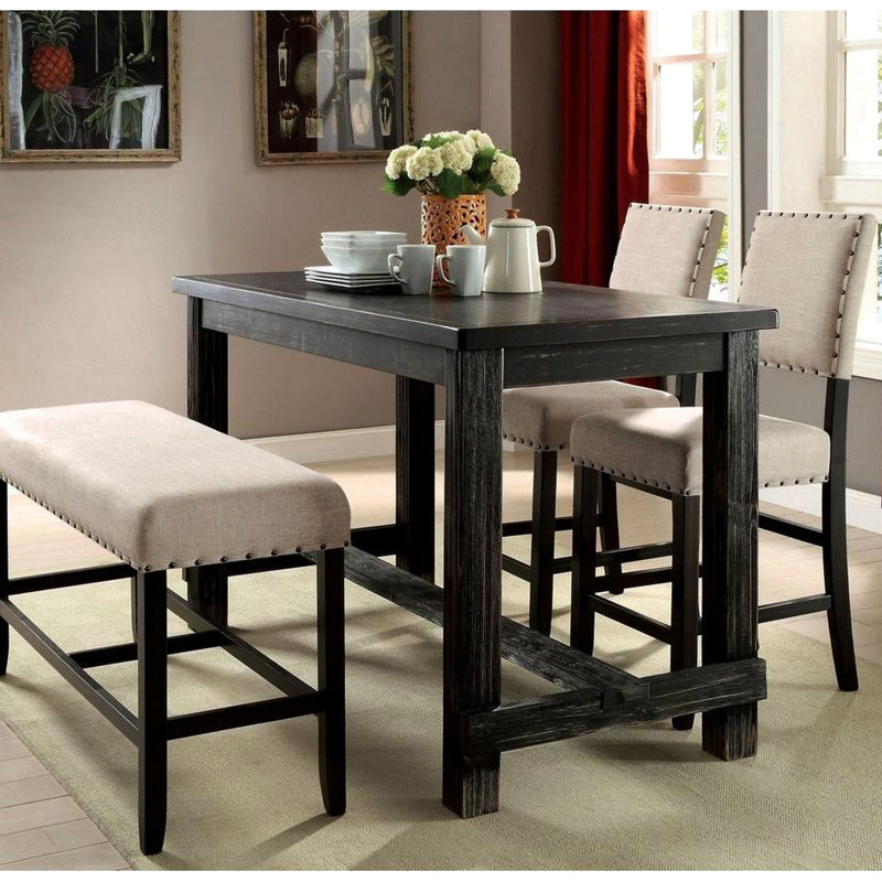 Rustic Beige Linen-Like Counter Height Chairs With Nailhead Trim, Of 2 And Antique Black Stylish Construction