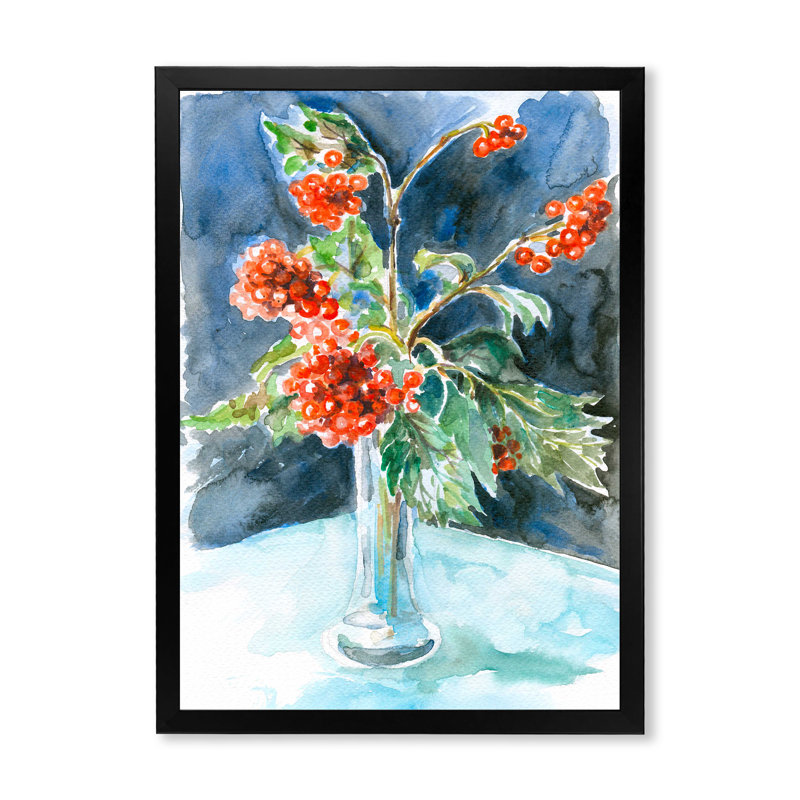 Fleurs de Noël avec baies rouges - Reproduction de photo sur toile, Toile avec cadre photo noir, H 20 po x l 12 po x P 1 po