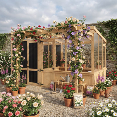 All-In-One Cedar Wood Garden System – Greenhouse + Pergola + Tool Shed Combo For Year-Round Growing & Outdoor Living