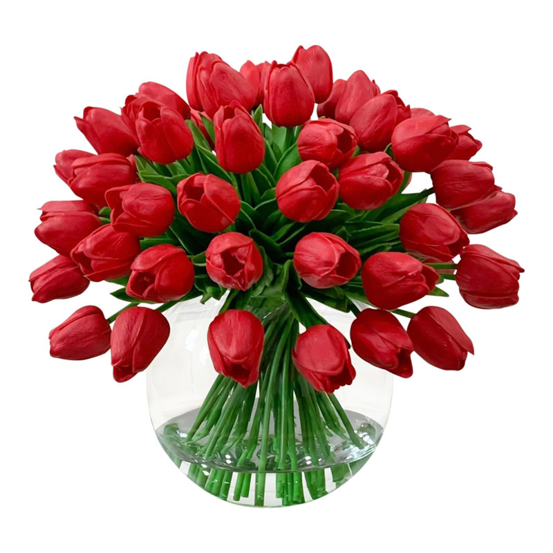 Real Touch Tulips Centerpiece In Vase, Red