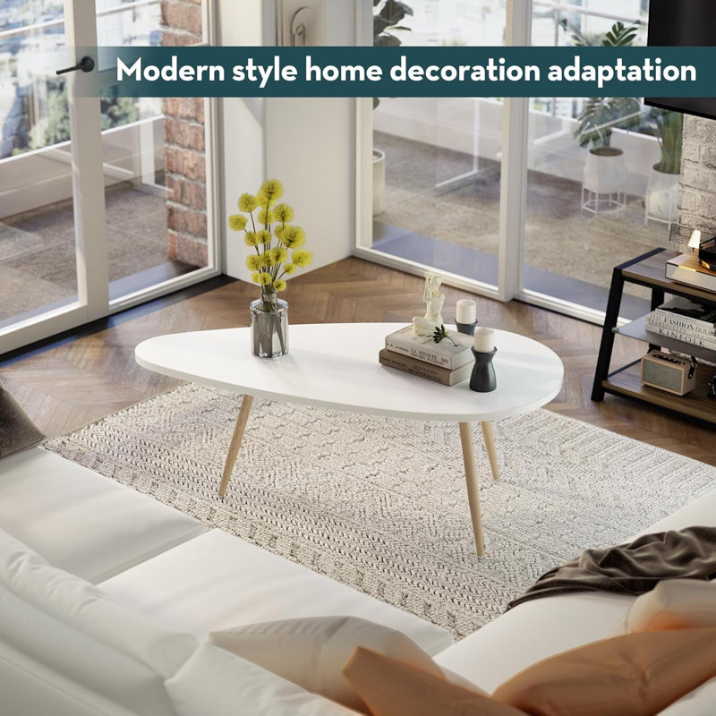White Oval Metal and Wood Coffee Table