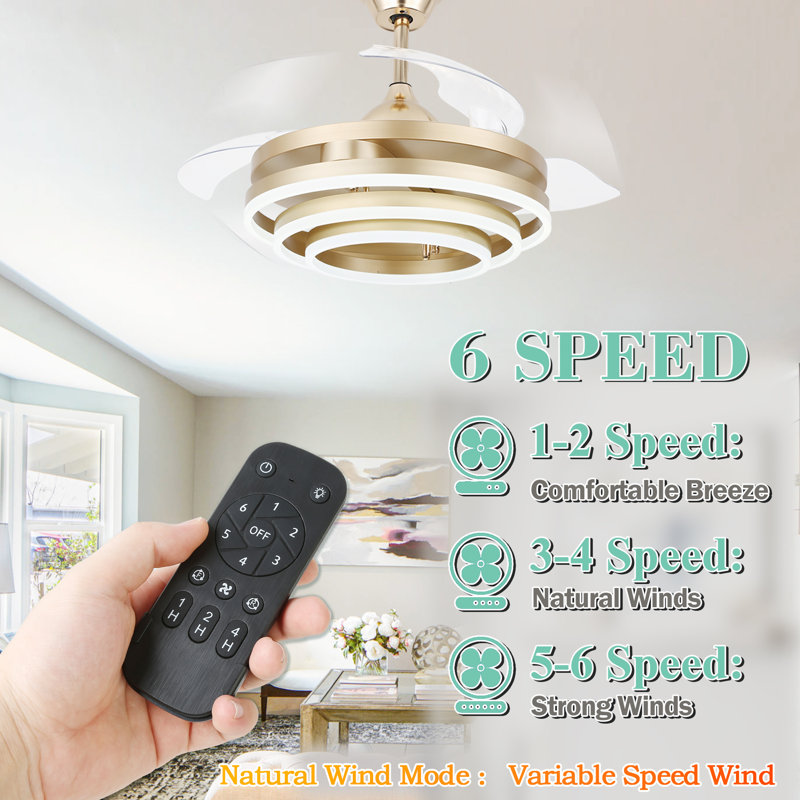 Brynnly 42" Retractable DC Motor Ceiling Fan with LED Lights, Remote 3-Colour 6-Speed, Gold with Clear Blades
