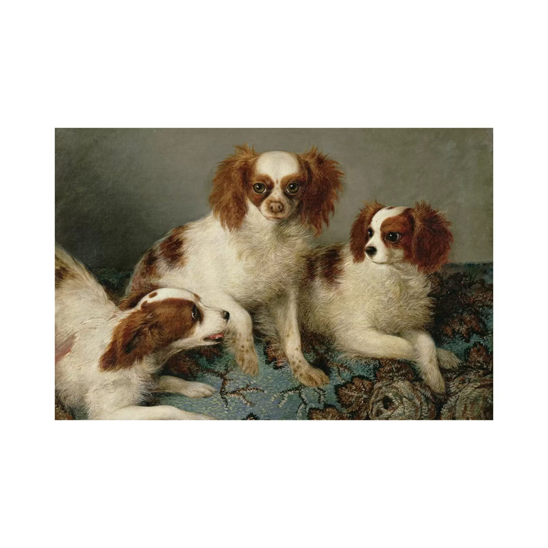 Three Cavalier King Charles Spaniels On A Rug by English School - Wrapped Canvas Painting, 45.72cm H x 66.04cm W x 1.905cm D