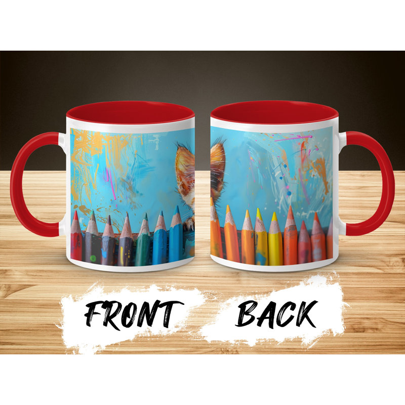 Kids Drawing Style 11oz Accent Mugs – Ceramic Coffee Cup with a Red Handle and Interior