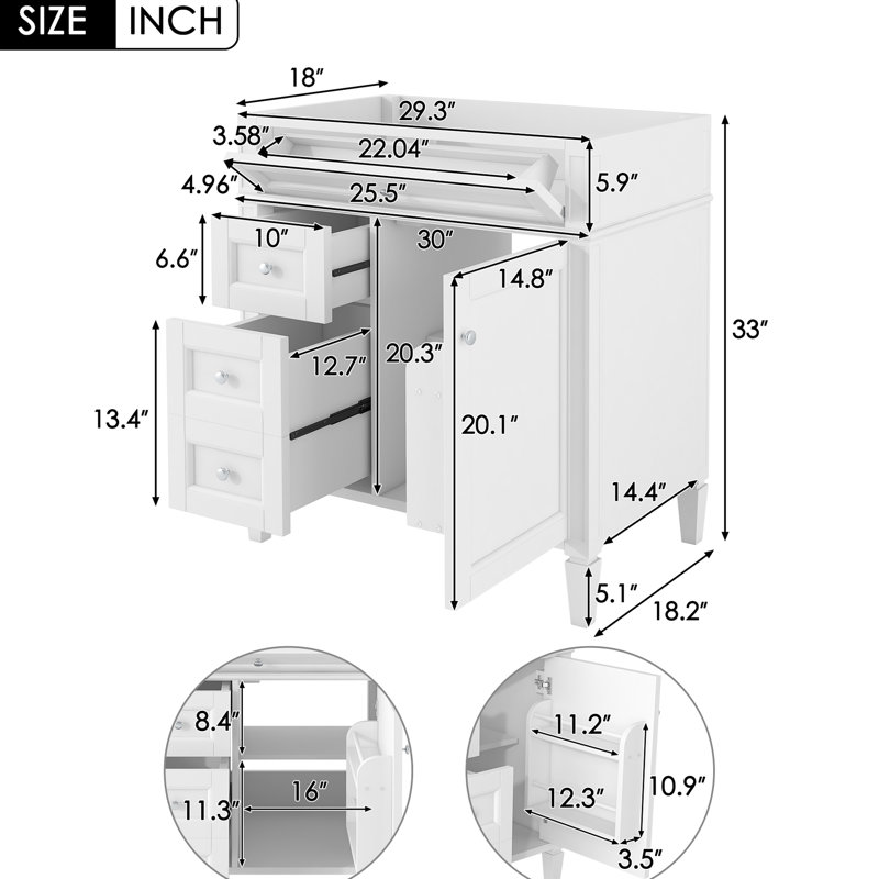 Meuble-lavabo moderne de 30 po, 3 tiroirs avec tiroir basculant, organisateur de porte d'armoire, tablette réglable, glissières de tiroir en métal lisse, poignée texturée et armoire de rangement blanche, fonctionnelle, facile