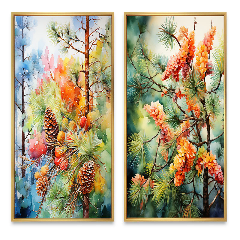 «Pine Tree Autumn Symphony», 2 pièces, Encadrement doré, H 24 po x l 20 po