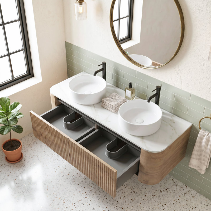 24 Inch E1 Wood Wall Mount Bathroom Vanity Walnut Single White Ceramic Vessel Sink White Sintered Stone Countertop With Free Matching Towel Rack