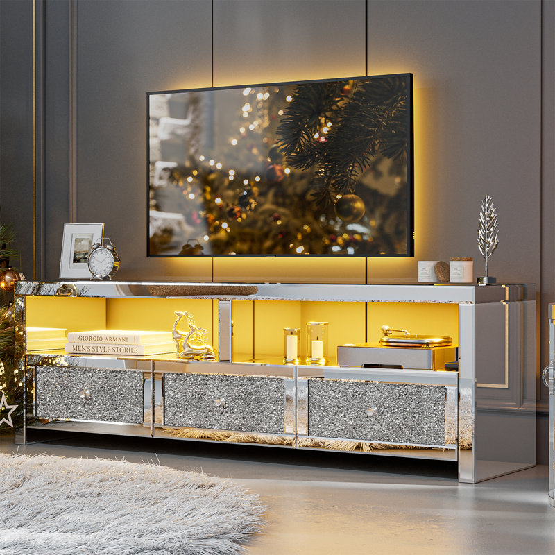 Mercer41 Mirrored Tv Stand For 65+ Inch Tv, Silver Entertainment Centre With 3 Drawers & 2 Open Storage For Living Room,tv Console Table With Crushed Diamond For Bedrooms