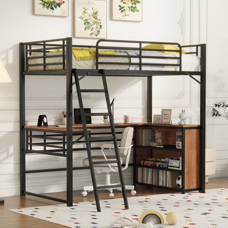 Lit mezzanine simple en métal avec 3 niveaux de tablettes Bureau en L, aucun sommier nécessaire, solide et amp; Robuste, Noir