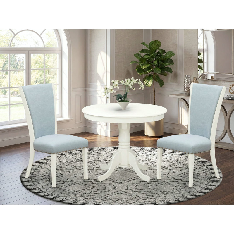 3 Piece Dining Table Set Contains a Round Dining Room Table with Pedestal and 2 Baby Blue Linen Fabric Upholstered Chairs, Linen White