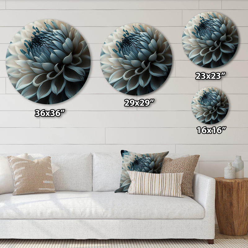 Fleurs de dahlia bleues et blanches II - art floral rond en métal, H 16 po x l 16 po